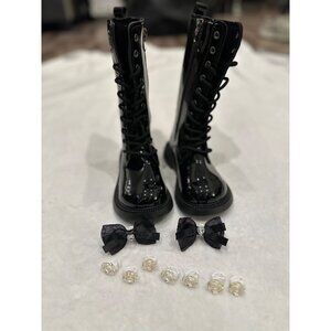 Black Patent Leather Knee-High Combat Boots Demon Hunter Kpop Rumi